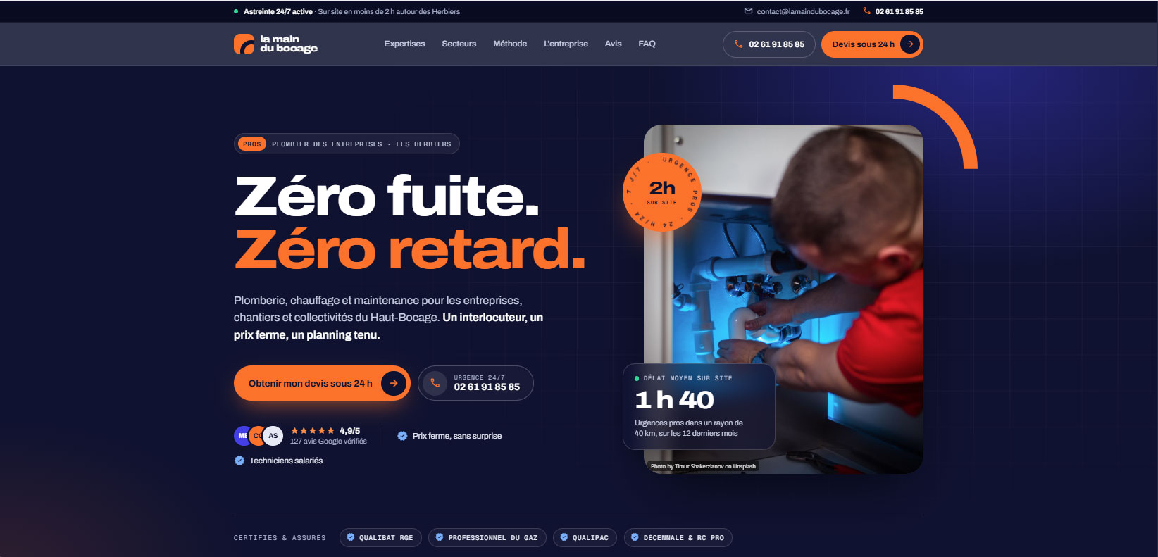 haut de page d'accueil site vitrine plombier en Vendée, les Herbiers